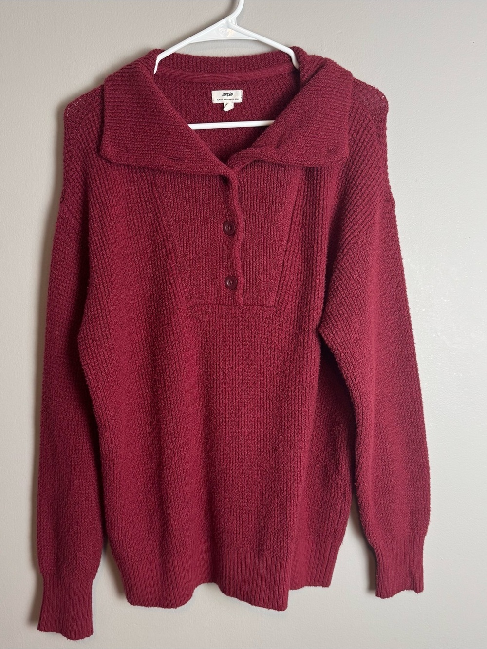 Aerie Oversized Red Waffle Knit Super Soft Quarter Button Up Pullover Sweater